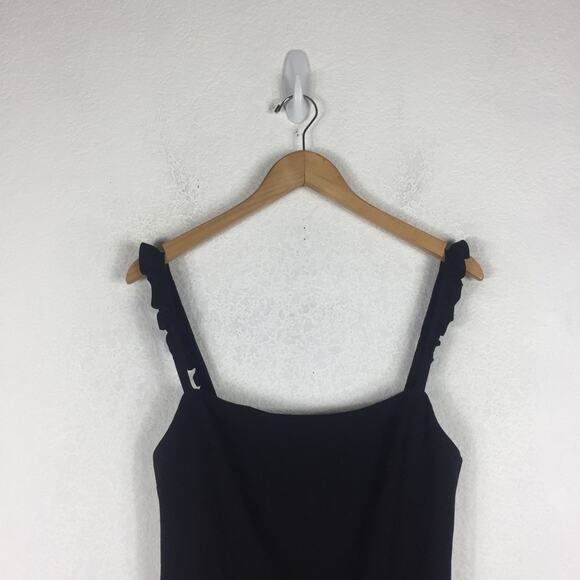 Likely Carmen Black Ruffle Knee Length Dress Size 8 Sleeve Stretch Flutter Hem - Picture 4 of 16